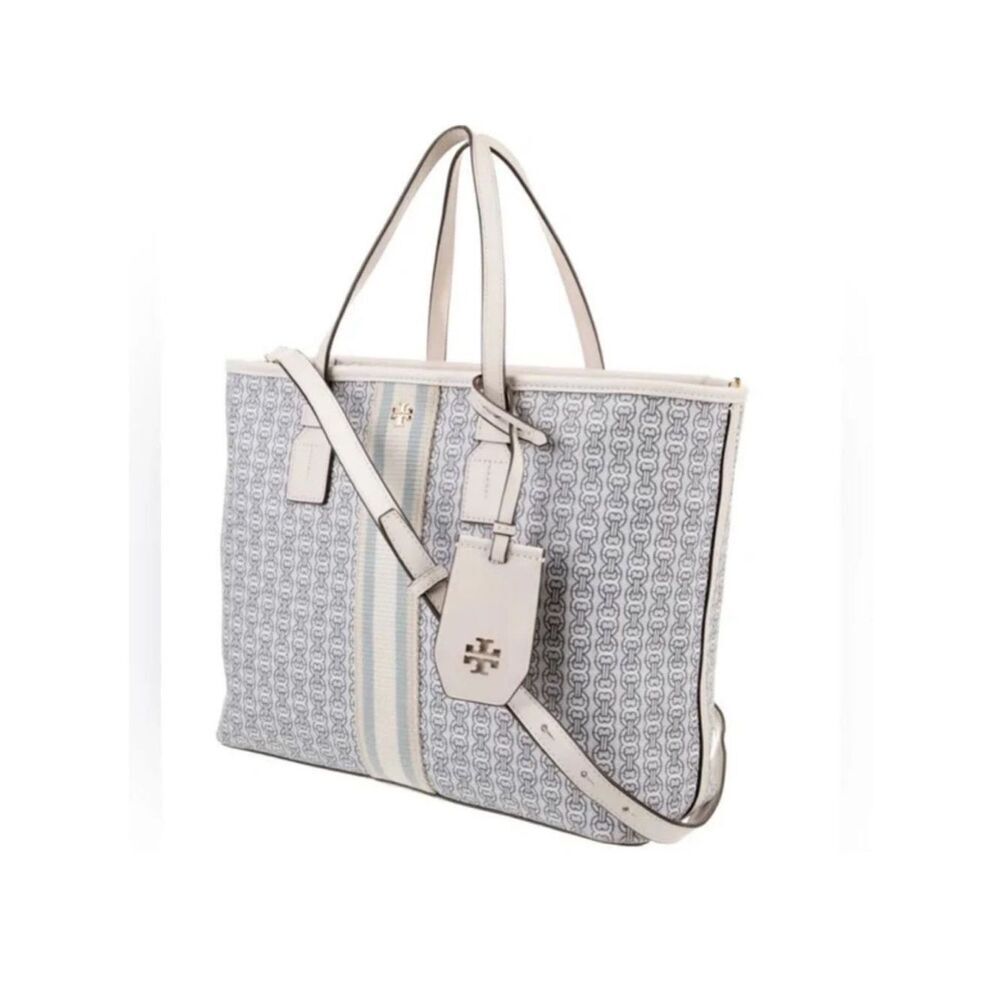 Tory Burch White Blue Ivory Gemini Link Mid Sized Tote Crossbody Strap